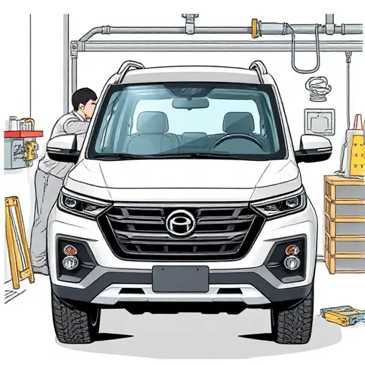 A detailed illustration of a mechanic replacing the front windshield of a BAIC BJ40 2.0 L Turbo 224 hp SUV, showing the vehicle in a garage setting, with the old windshield removed, the new windshield being installed, tools and safety gear visible, and a clear view of the vehicle's front profile.