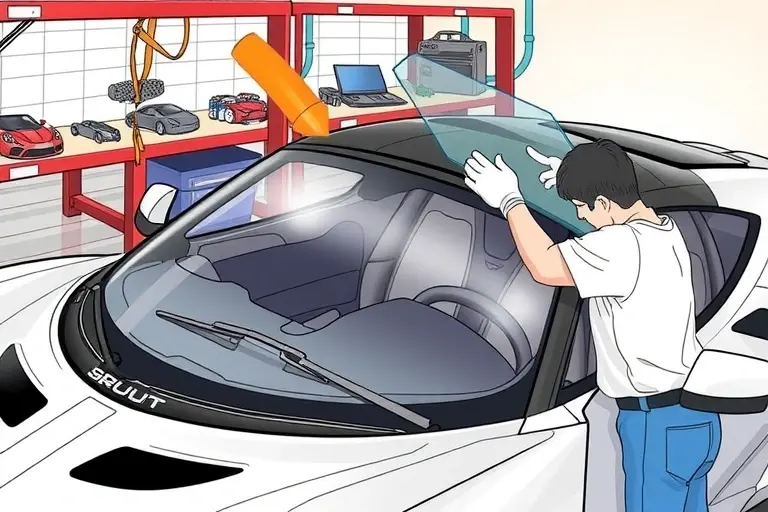 A detailed illustration of a mechanic replacing the windshield on a Lotus Emira 2.0 Turbo AMG 360 hp (2022 model) in a garage setting. The car is partially open, the old windshield is removed, and a new clear glass panel is being installed. Tools such as a suction cup, a glass cutter, and a sealant dispenser are visible. The background shows a workbench with automotive parts, a safety harness, and a subtle hint of a garage environment. The focus is on the precision of the replacement process, the sleek design of the Lotus Emira, and the clear, high‑quality glass.
