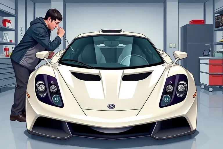 A high-detail illustration of a 2012 Arash AF10 sports car with its front windshield being replaced by a professional mechanic in a clean garage, focusing on the car's sleek body and the new windshield, realistic lighting, no text or logos.