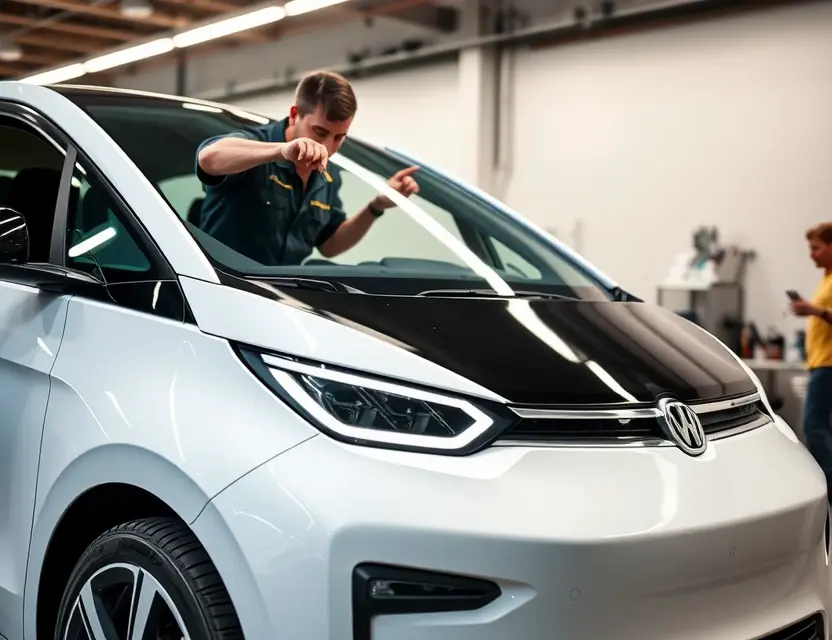 A modern electric car, specifically an Aion S Plus, with a technician carefully replacing the front windshield using professional tools, clean workshop background with soft lighting, no text or logos visible