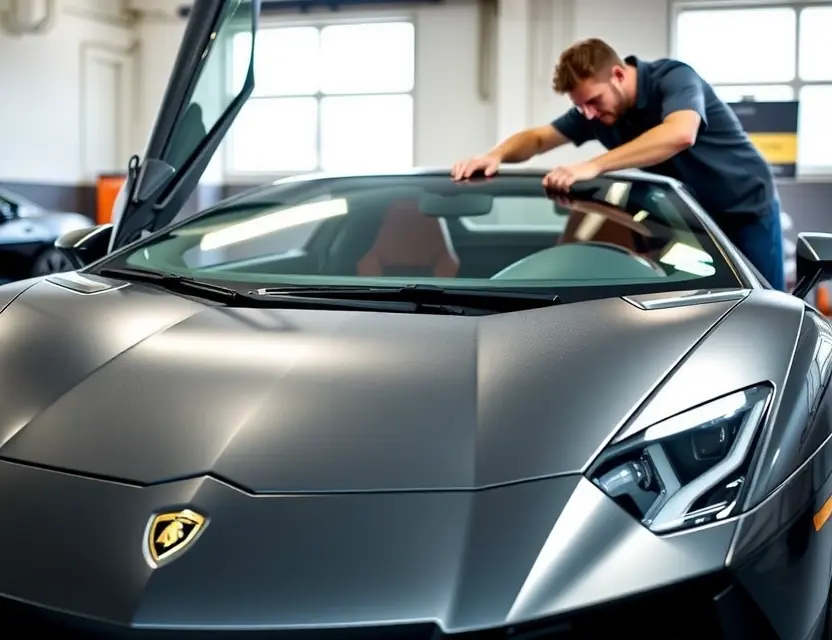 Замена лобового стекла Lamborghini Aventador A detailed scene of a Lamborghini Aventador with its front windshield being replaced. The car should be in a well-lit garage or service center, with a technician carefully removing the old windshield and preparing to install a new one. The car's sleek design and high-end features should be visible, with the focus on the windshield replacement process.
