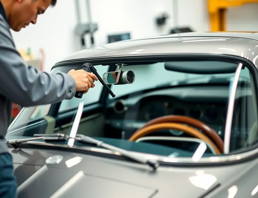 A close-up shot of a skilled technician carefully removing a windshield from an Aston Martin DB5. The focus should be on the precision and tools being used. The car's interior should be subtly visible, showcasing the classic dashboard. Ensure the background is a clean, well-lit workshop environment.