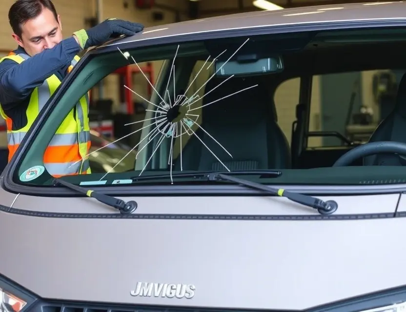 A JMC Vigus with a cracked windshield being replaced by a mechanic. The mechanic is wearing a safety vest and gloves, and the new windshield is being carefully installed. The background shows a garage or workshop setting.