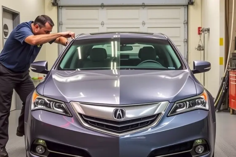 A realistic scene of an Acura RLX (2011-2014) in a garage, with the front windshield being removed and a new windshield positioned for installation. Show a professional mechanic using appropriate tools, such as suction cups and a windshield removal tool, focusing on the car's front end and the glass. The setting should be clean, well-lit, and emphasize the automotive repair process without any text or branding.