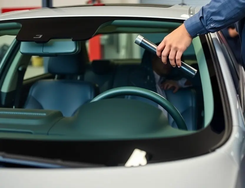 A close-up shot of a car windshield being replaced by a technician. The windshield replacement process should be clearly visible, showing the tools and the technician's hands working on the glass. The car should be a modern sedan, and the background should be a garage or workshop setting.