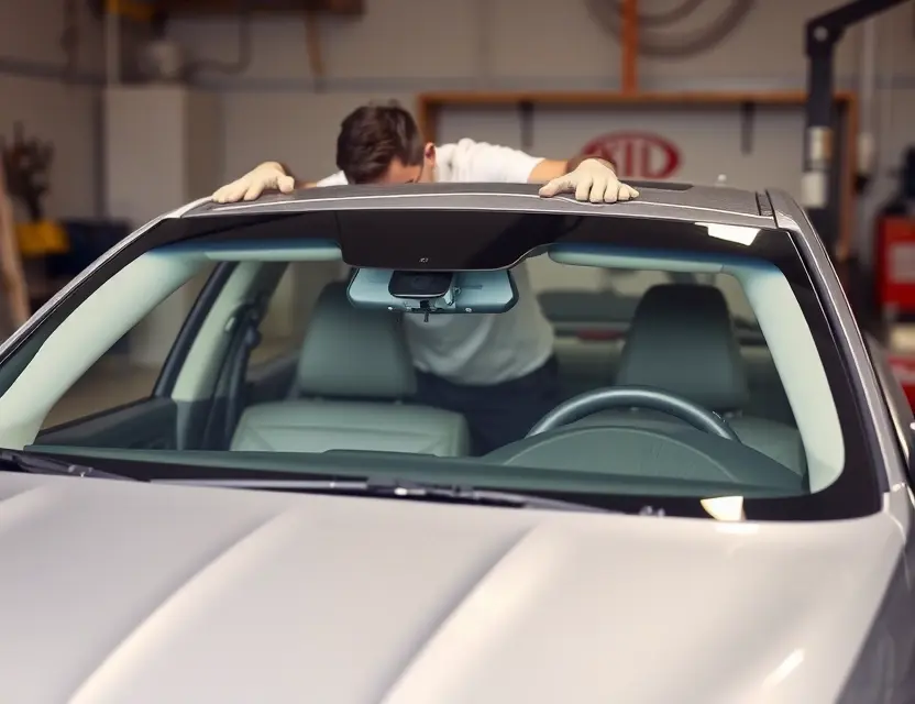 Замена лобового стекла Lincoln A professional auto repair scene showing the replacement of a Lincoln car's windshield. The image should depict a technician carefully removing the old windshield and preparing to install a new one. The car should be in a well-lit garage with appropriate tools and equipment visible. The technician should be wearing safety gear, such as gloves and goggles.
