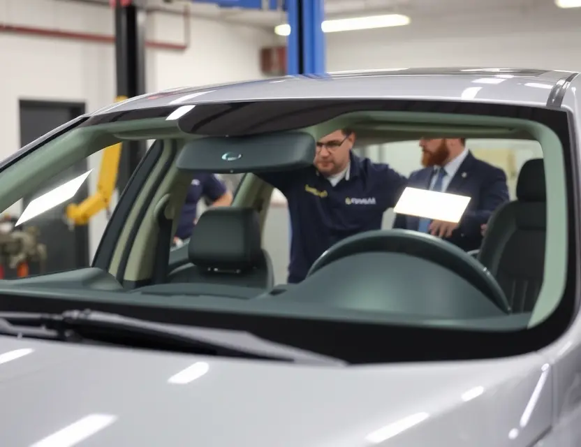 A car being serviced with a technician replacing a windshield, showing the old windshield being removed and a new one being installed, professional automotive workshop environment, clean and well-lit, no text or labels