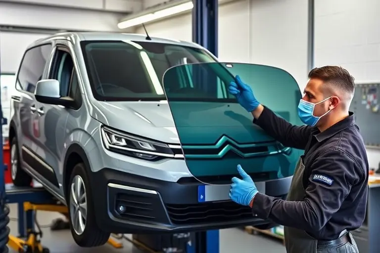 A mechanic in a garage is replacing the windshield of a Citroën ë Berlingo electric vehicle. The scene shows the car lifted on a hydraulic lift, the old cracked windshield removed, and a new clear windshield being fitted. The mechanic wears protective gloves and a face mask, holding a windshield with a protective film. The background includes a workbench with tools, a car jack, and a clean, professional garage setting. The lighting is bright and focused on the car.