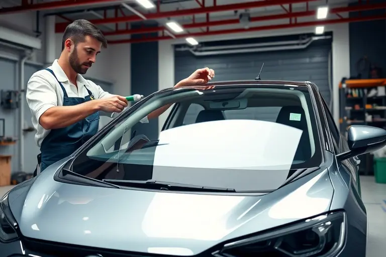 A professional automotive technician in a clean workshop, wearing a protective apron, is replacing the front windshield of a Lingxi L electric car (2023 model). The scene shows the car's front side, the old windshield partially removed, a new clear glass panel being fitted. Tools such as a suction cup, a glass cutter, and a sealant dispenser are visible. The background is a well-lit garage with a car lift and safety equipment. The focus is on the precise replacement process, highlighting the car's sleek design and the technician's careful handling.