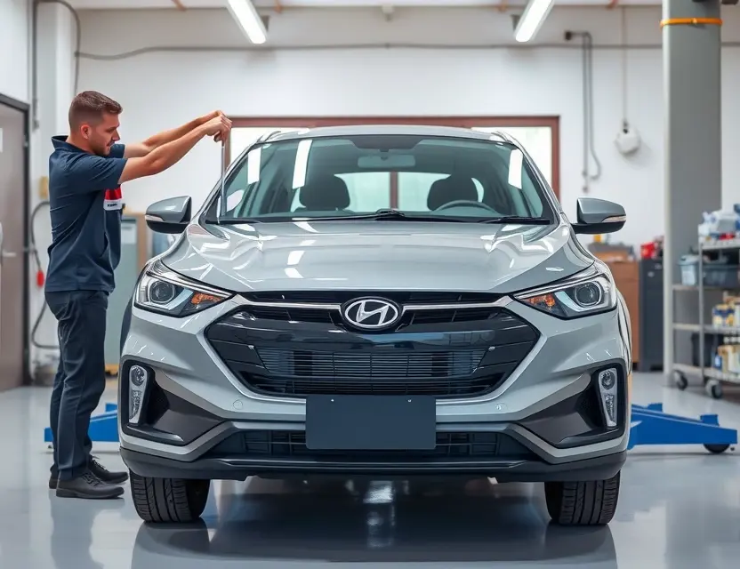 A high-quality automotive workshop scene showing a Baojun 310 sedan with its front windshield being professionally replaced. The image depicts a clean, well-lit garage environment with a technician using specialized tools to install a new glass panel. The car is positioned on a lift or stand, with the old windshield removed and the new one being carefully aligned. Focus on the vehicle's front profile, the clear glass, and the professional setting without any visible text or logos.