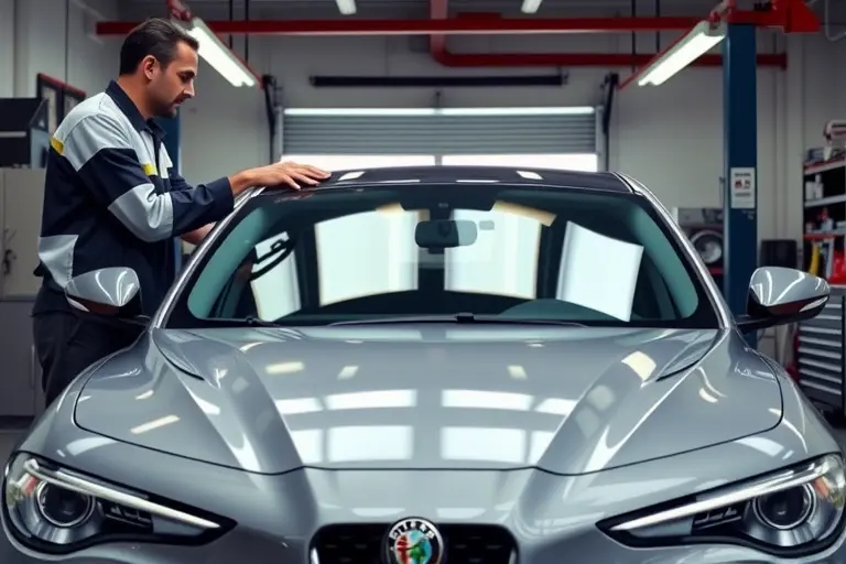 A realistic scene of an Alfa Romeo Giulia 2.9 V6 Biturbo (510 hp) in a professional auto workshop, with a skilled mechanic in safety gear carefully removing the old windshield and installing a new one. The focus is on the car's front end, the windshield frame, and the specialized tools used for glass replacement. The background shows a clean, well-lit garage with automotive equipment, but no other vehicles or distracting elements.