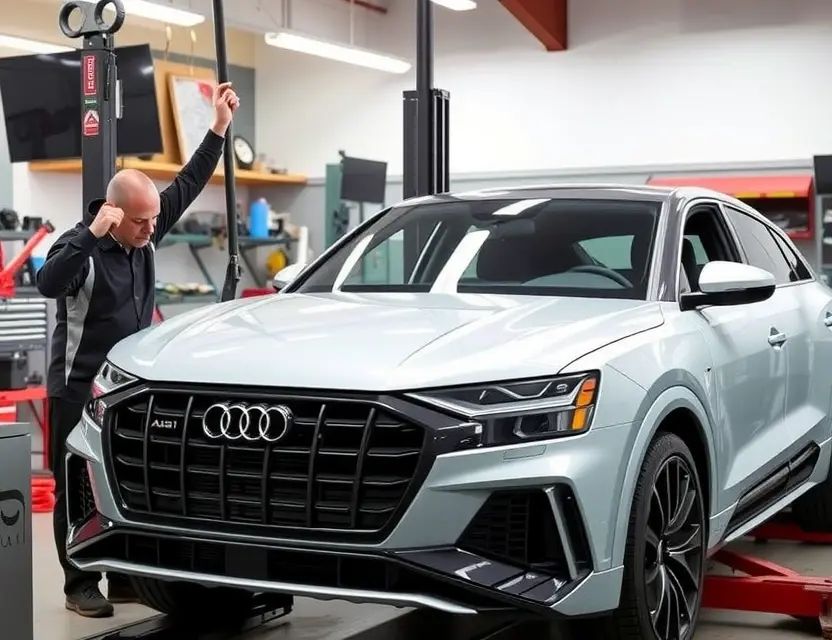 A high-quality, realistic photo of an Audi RS Q8 with its windshield being replaced by a professional technician in a clean, well-lit auto repair shop. The car is elevated on a lift, and the technician is carefully handling the new glass. The scene focuses on the precision of the work, with tools and equipment visible in the background but not cluttering the view. The lighting highlights the sleek design of the Audi RS Q8 and the clarity of the new windshield.