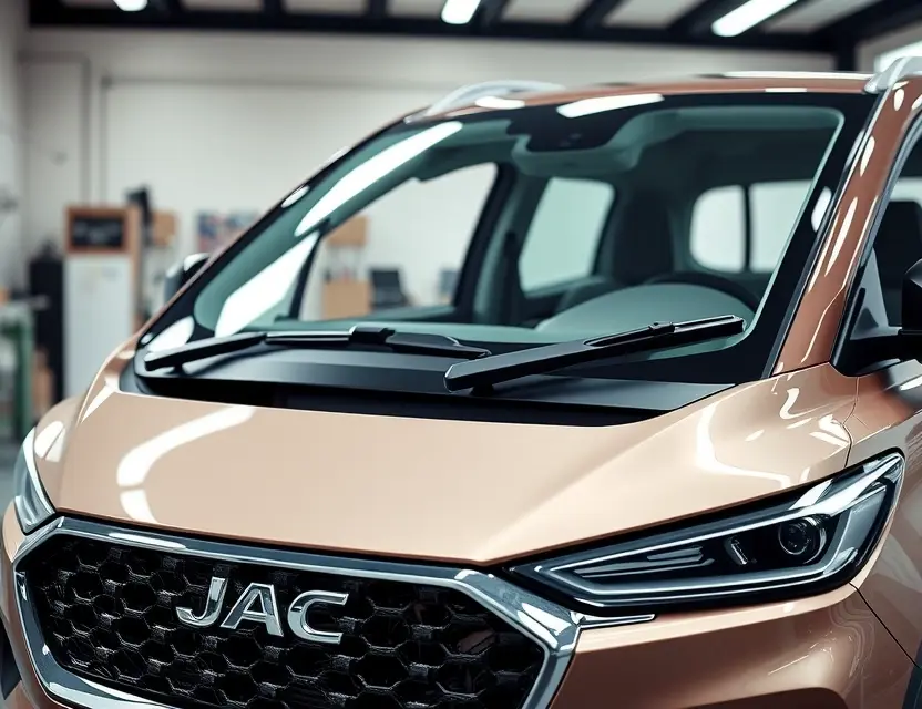 Замена лобового стекла JAC e-JS4 A high-quality, realistic close-up view of a JAC e-JS4 car with its front windshield being replaced by a new glass panel, showing the car frame and the new glass in place, clean automotive workshop background, bright lighting, detailed car body texture, no text or logos