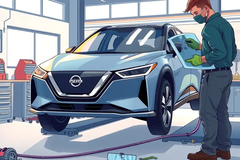 A realistic illustration of a mechanic in a garage replacing the windshield of a 2022 Nissan Ariya electric car. The scene shows the car on a lift, the mechanic wearing gloves and a protective mask, holding a new clear windshield, with tools and a small pile of old glass fragments on the floor. The background includes a clean, organized workshop with a workbench, a toolbox, and a window showing daylight. The focus is on the mechanic’s hands, the windshield, and the car’s front profile, with subtle reflections and a sense of precision.