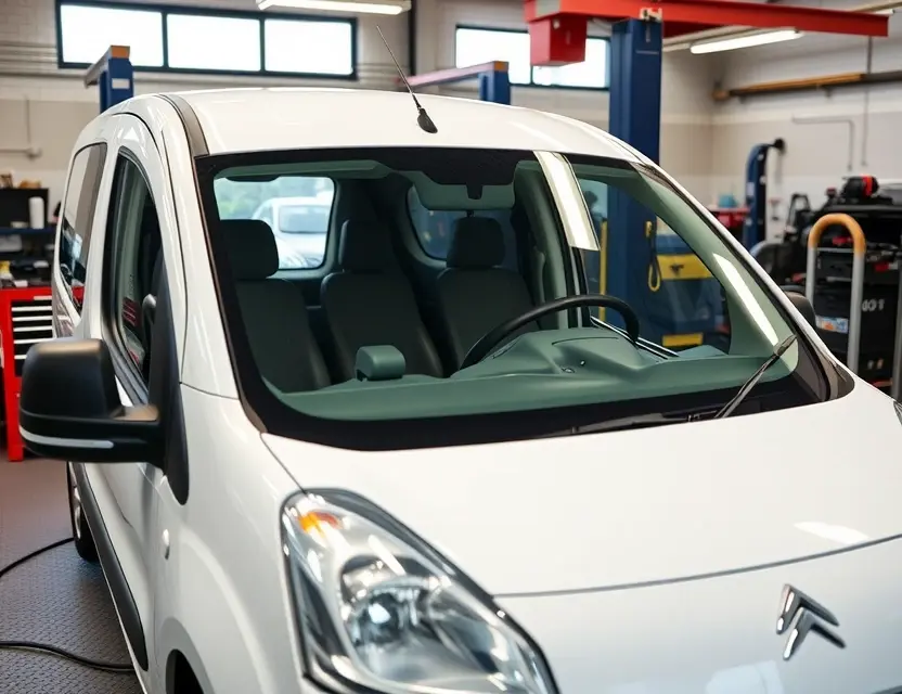 Замена лобового стекла Citroën Berlingo A Citroën Berlingo with a new windshield being installed by a professional mechanic in a well-lit auto repair shop, showing the replacement process with tools and safety equipment visible, no text or logos