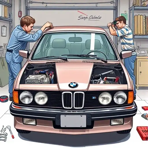 A detailed illustration of a mechanic replacing the windshield on a BMW 7er E23 3.4 L Turbo 252 hp from the 1980s, showing the car's front, the old windshield being removed, the new windshield being installed, tools and parts, with a focus on the precision of the replacement process.