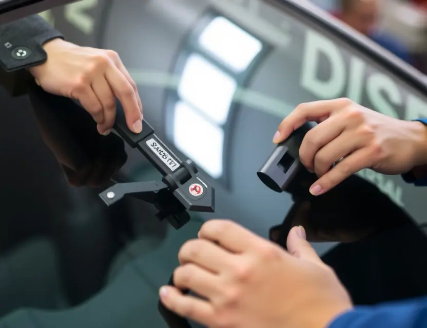 A close-up shot of a Soueast DX7 windshield being replaced in a car. Focus on the replacement process, showing tools and hands working on the windshield. The car should be partially visible in the background.