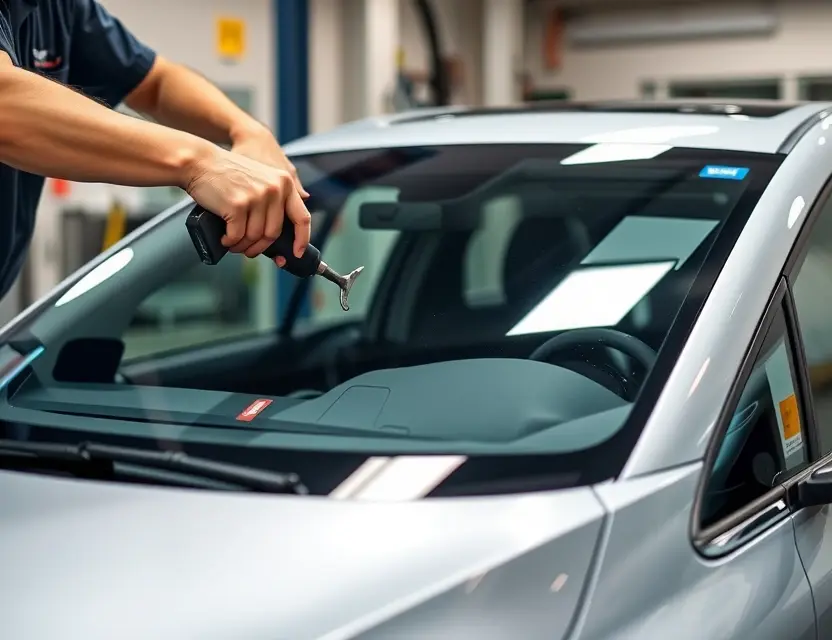 A close-up shot of a VinFast VF6 car windshield being replaced by a technician. The focus is on the replacement process, showing tools and the new windshield. The car should be a modern electric vehicle.