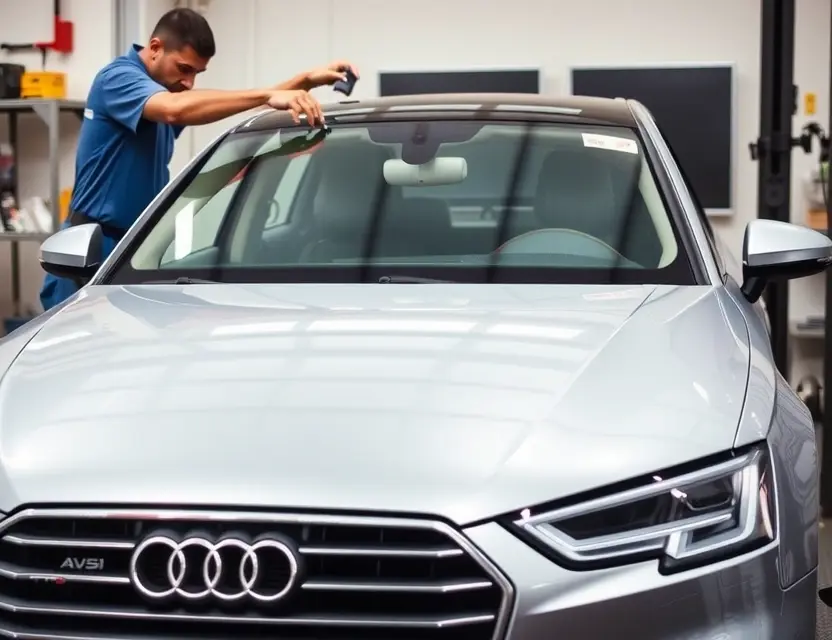 Замена лобового стекла Audi S4 TDI A high-quality, realistic photo of an Audi S4 TDI sedan in a professional auto repair shop, focusing on the front of the vehicle where the windshield is being replaced. The image shows a new, clear windshield being carefully installed by a technician using specialized tools. The car is clean and modern, with a sleek silver or black finish. The background includes organized workshop equipment and soft, even lighting to highlight the precision of the work. No text, logos, or watermarks are visible
