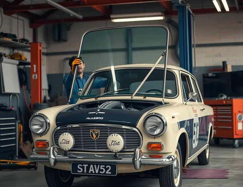 A vintage Austin Allegro car parked in a well-lit auto repair garage with a mechanic wearing safety gloves holding a new windshield, surrounded by automotive tools and equipment, realistic automotive photography, high detail, clean composition