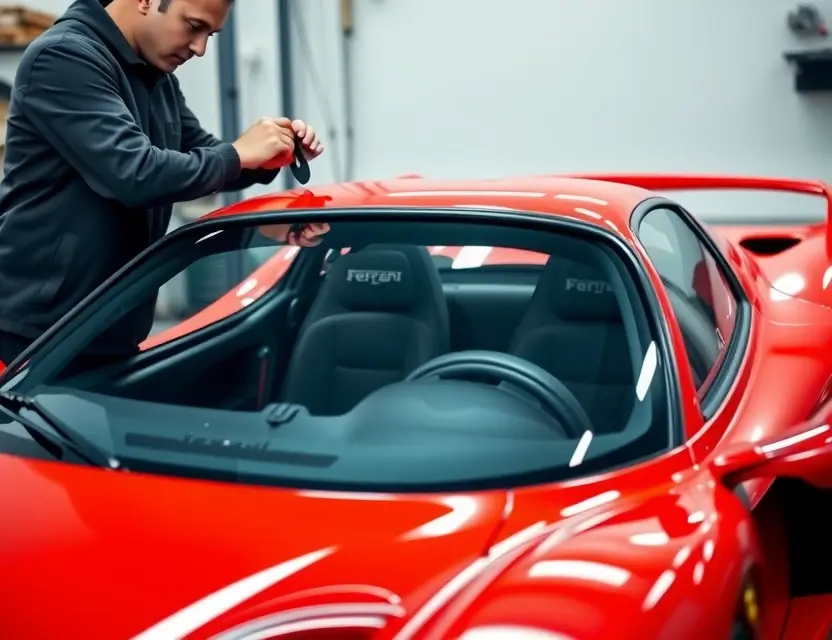 A high-quality image depicting the process of replacing the windshield of a Ferrari Enzo. The scene should show a mechanic carefully working on the windshield, with tools and parts visible. The Ferrari Enzo should be prominently featured in the background, showcasing its sleek design. Focus on the technical aspects of the replacement, highlighting precision and expertise.