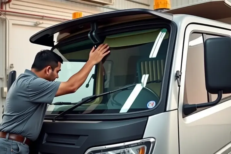 A professional mechanic carefully removing the old windshield and installing a new one on an Ashok Leyland Partner 1.5L diesel truck, showing the vehicle from a side angle with the hood open, tools and protective gear visible, realistic lighting and detailed textures of metal and glass