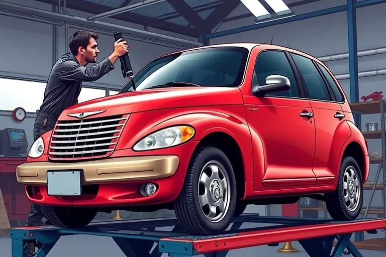 A detailed, realistic illustration of a mechanic replacing the windshield on a Chrysler PT Cruiser 2.4 L Turbo 230 hp. The scene shows the car on a lift or jack, the old windshield removed, a new clear glass being fitted, with tools and safety gear visible. The background is a workshop with subtle lighting, emphasizing the car's distinctive retro design and the precision of the replacement process.