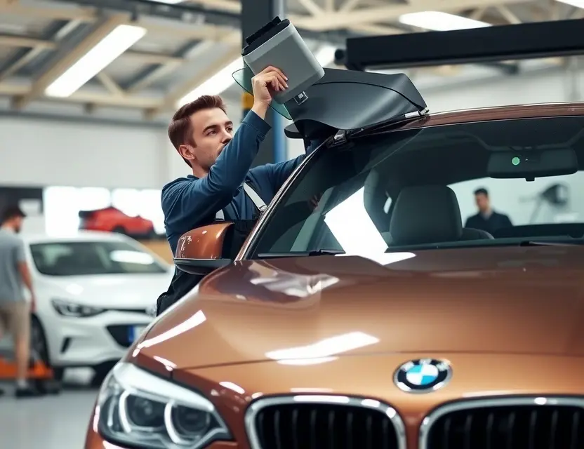 Предлагаем услугу по замене лобового стекла Alpina C2 A professional automotive service center showing a technician carefully replacing the windshield of an Alpina C2 car, with clean tools and equipment visible, modern facility background, natural lighting, no people other than the technician, no text or logos