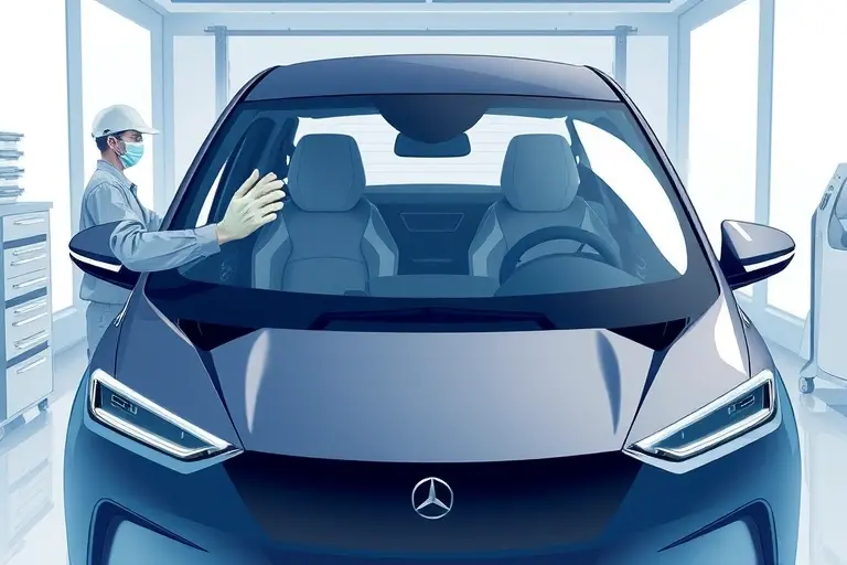 A detailed, realistic illustration of a mechanic replacing the windshield on a NIO ES6 electric car. The scene shows the front of the car with the old windshield removed, the new clear windshield being fitted, and tools such as a suction cup, a sealant dispenser, and a cleaning cloth. The background is a clean garage environment with subtle lighting that highlights the car's sleek design. The focus is on the precision of the replacement process, the clear glass, and the modern interior of the NIO ES6.