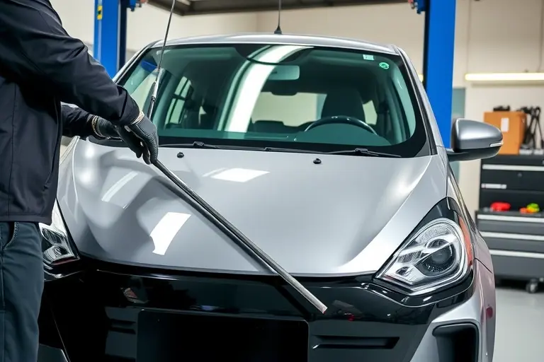 A detailed workshop scene showing a technician carefully removing the old windshield from a Nevo Q05 PHEV 1.5T, with the new windshield being fitted. The car is on a lift, the technician wearing gloves and protective gear, tools like a suction cup and a wedge. The background shows a clean, organized automotive repair bay with a focus on the vehicle's front. The image should emphasize precision and the high-tech nature of the PHEV, with subtle hints of the electric motor components visible in the engine bay.