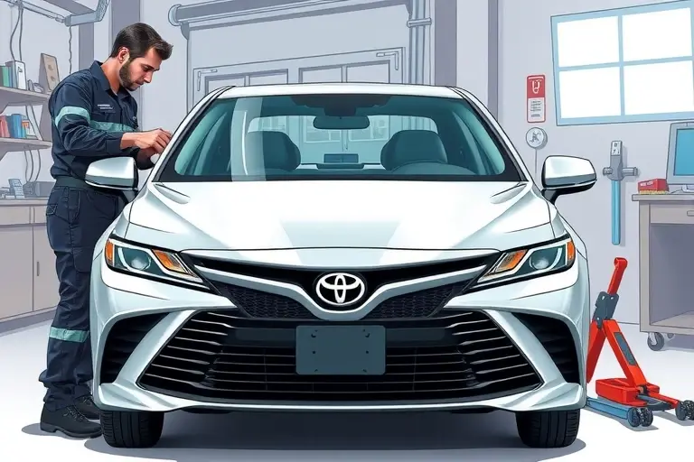 A detailed, realistic illustration of a mechanic carefully installing a new windshield on a Toyota Camry XV80 2.5 Hybrid, showing the car's front profile, the new glass panel, and the tools used for the replacement, all in a well-lit workshop setting