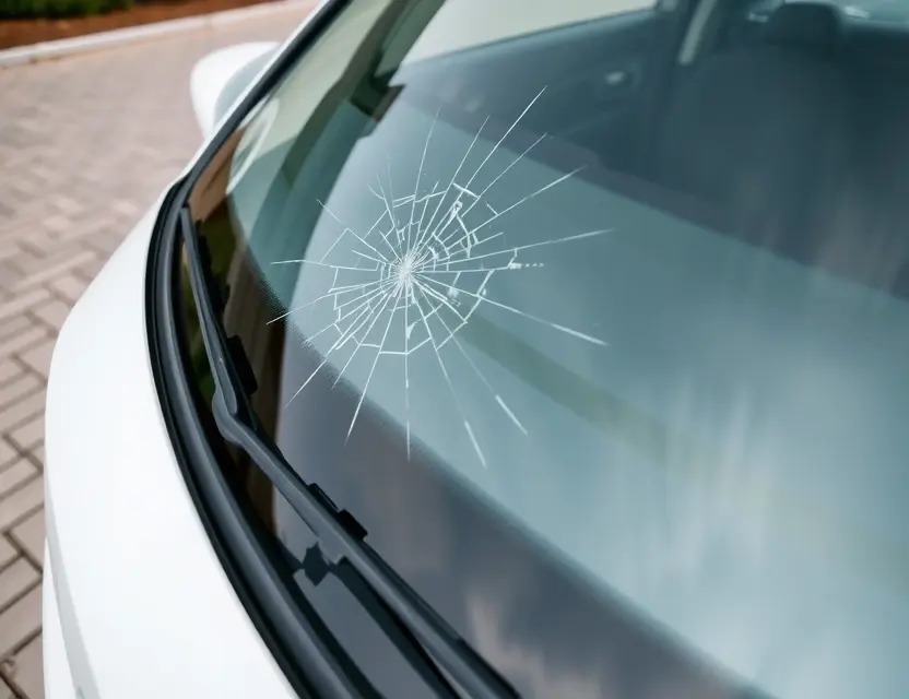 A close-up shot of a Volkswagen Tiguan with a cracked windshield, showing the damage clearly. The car is parked outdoors on a paved surface. Focus on the cracked area and the surrounding glass.