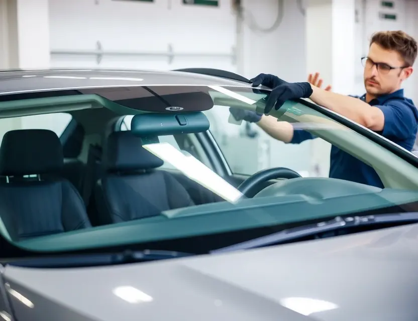 A car windshield being replaced by a technician. The car is a modern sedan, and the technician is wearing safety glasses and gloves. The background is a clean, well-lit garage. Focus on the replacement process, showing the old windshield being removed and the new one being installed.