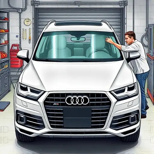 A detailed illustration of a mechanic replacing the windshield on an Audi Q7 2.0 TFSI 252 hp (2015 model). The scene shows the car in a garage, the old windshield removed, the new windshield being fitted, with tools and a clear view of the glass installation process. Focus on the car's front, the windshield area, and the technician's hands, with a realistic, high-quality depiction.