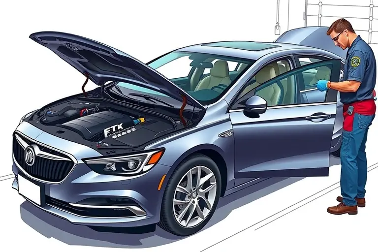 A detailed, realistic illustration of a 2016-2019 Buick LaCrosse with a 3.6 V6 engine, shown from the side with the front hood open and the windshield being removed by a professional mechanic using proper tools. The scene includes the car on a clean workshop floor, safety equipment like gloves and goggles on the mechanic, and a new windshield positioned nearby ready for installation. Emphasize the car's sleek design, the glass panels, and the precise work environment.
