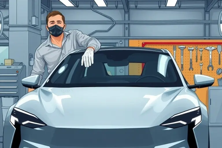 A detailed illustration of a mechanic replacing the windshield on a NIO ET7 electric sedan in a modern automotive workshop, showing the new windshield being fitted onto the car's front, with the mechanic wearing protective gloves and a mask, the car's sleek design visible, and the workshop tools neatly arranged in the background.