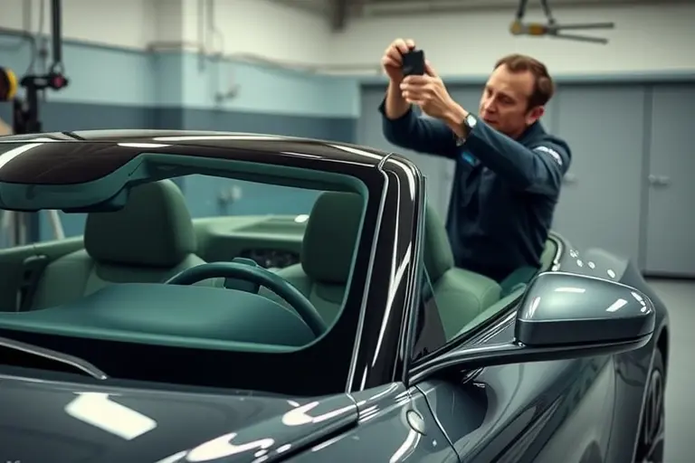 A high‑detail, realistic scene showing a mechanic carefully removing the old windshield and installing a new one on an Aston Martin Lagonda 5.3 L V8, viewed from the side of the car with the vehicle parked in a clean, well‑lit garage; focus on the sleek glass, the car's distinctive body lines, and the professional tools, without any text or branding visible