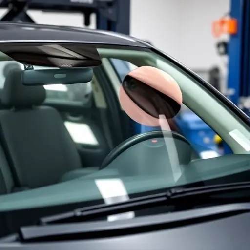 A close-up of a mechanic replacing the windshield of a Baojun 310 car, showing the new clear glass being fitted into the car's front, with tools and the car's interior visible, no text or lettering
