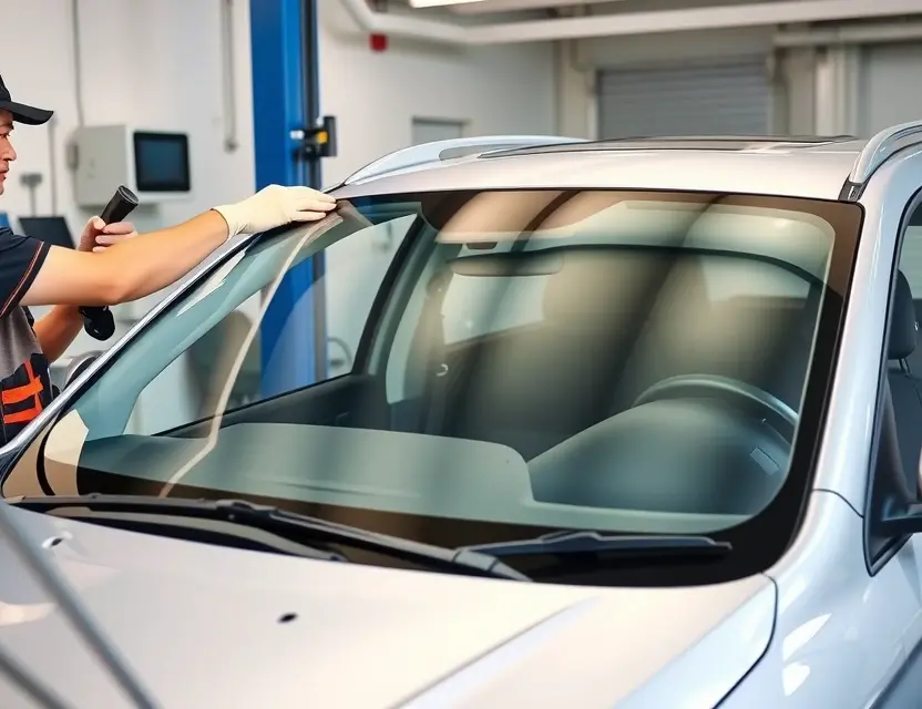 A high-quality, realistic photo of a Baojun 510 car with its front windshield being replaced by a technician in a professional auto glass shop, showing the new glass being fitted into the frame, clean lighting, detailed car exterior, no text or logos