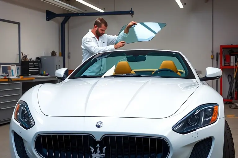 A high-resolution image of a Maserati GranTurismo 3.0 V6 Nettuno 490 in a garage setting, showing a mechanic in a white coveralls carefully removing the old windshield and installing a new, clear glass panel. The car should be positioned on a lift or a workbench with a visible tool kit, a partially opened hood, and a close-up of the windshield area. The background should be a clean, well-lit workshop with subtle industrial details, but no visible text or signage. The focus is on the precision of the replacement process, highlighting the sleek design of the Maserati and the clarity of the new glass.