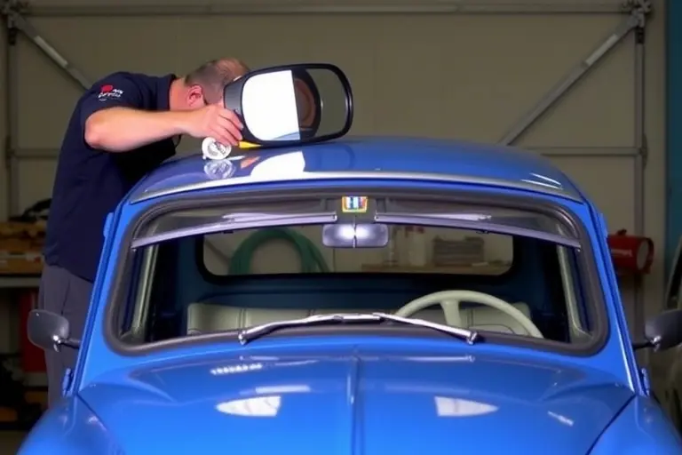 A mechanic replacing the windshield of a 1960s Hillman Imp car, showing the old glass being removed and the new glass being installed, with the car's front profile visible in a garage setting