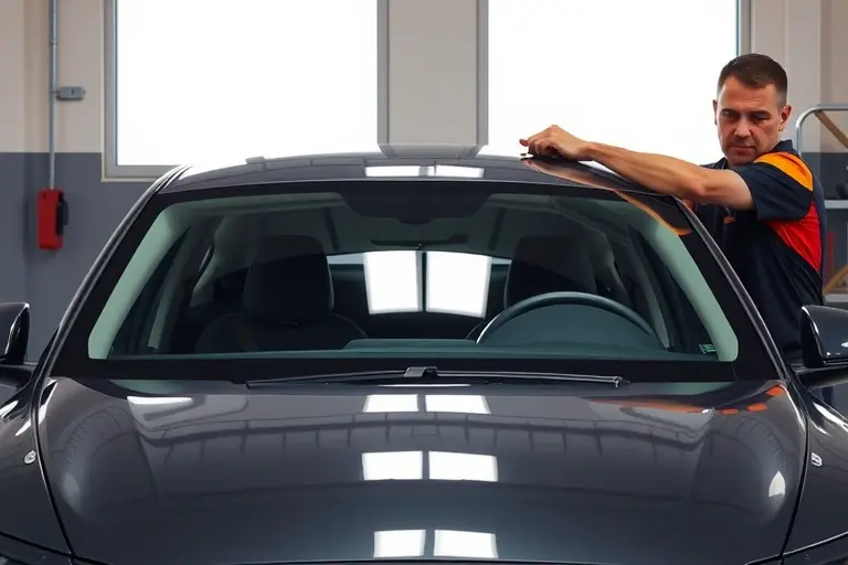 A realistic scene of a modern electric Aion S sedan (2019 model) in a garage, with a professional mechanic carefully removing the old windshield and installing a new one. The focus is on the car's front, showing the windshield frame, glass, and tools such as suction cups and a glass cutter. The lighting is bright and clean, emphasizing the sleek design of the vehicle and the precision of the replacement process.