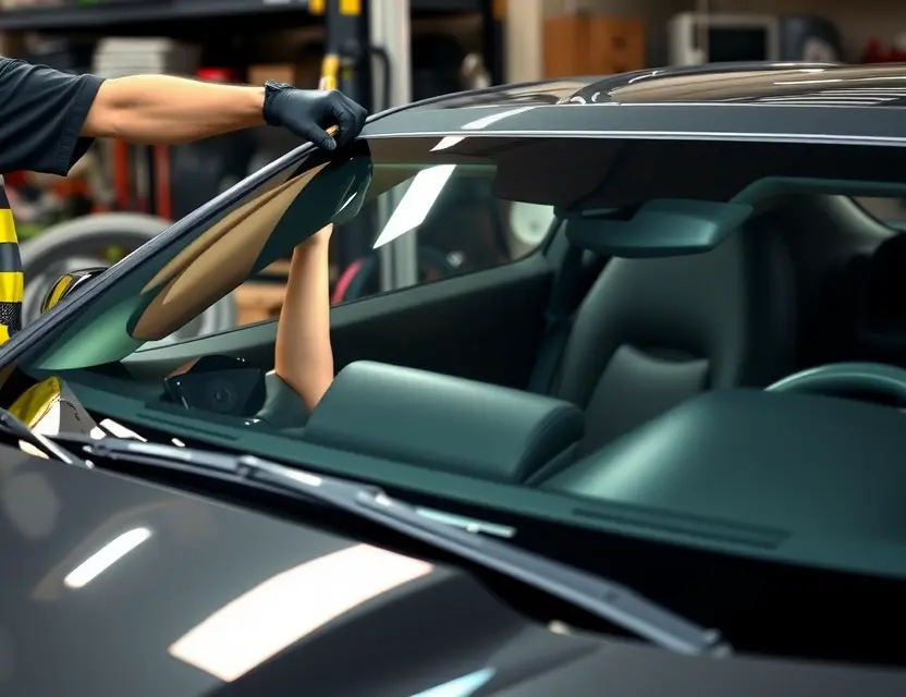 A close-up shot of a Chevrolet Camaro windshield being replaced by a mechanic. The mechanic is wearing gloves and a safety vest, and the windshield replacement tools are visible. The background is a garage setting with automotive parts and equipment.