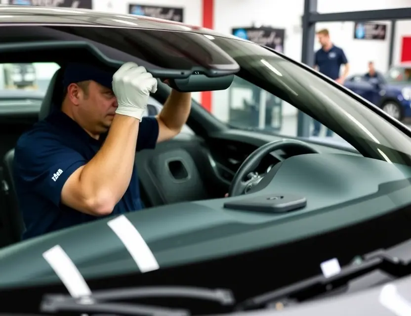 A professional technician replacing the windshield of an iCar GT, showing the process of removing the old glass and installing the new one, with the car's interior and exterior visible, detailed and realistic