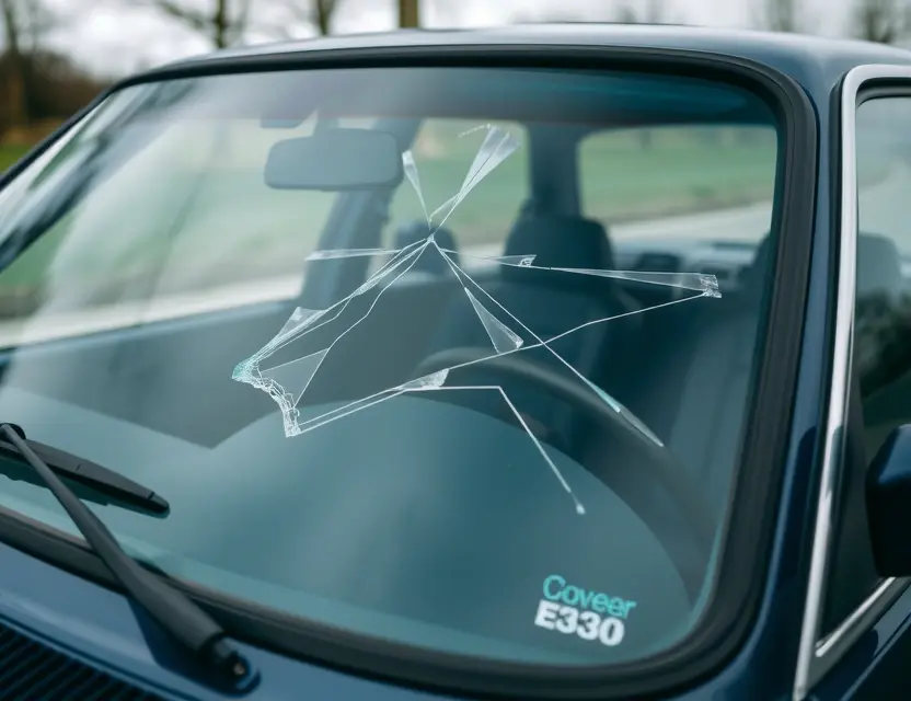 A close-up shot of a BMW 3er (E30) with a cracked windshield, showing the damage clearly. The car should be parked outdoors on a slightly overcast day. Focus on the windshield and the surrounding area.