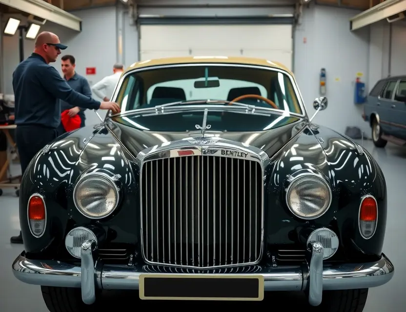 Замена лобового стекла Bentley 8 Litre A pristine vintage Bentley 8 Litre parked in a professional automotive workshop, focusing on the front windshield area where a new glass panel is being carefully installed by skilled technicians, high-quality automotive photography, soft studio lighting, clean background, no people's faces visible, no text, no logos
