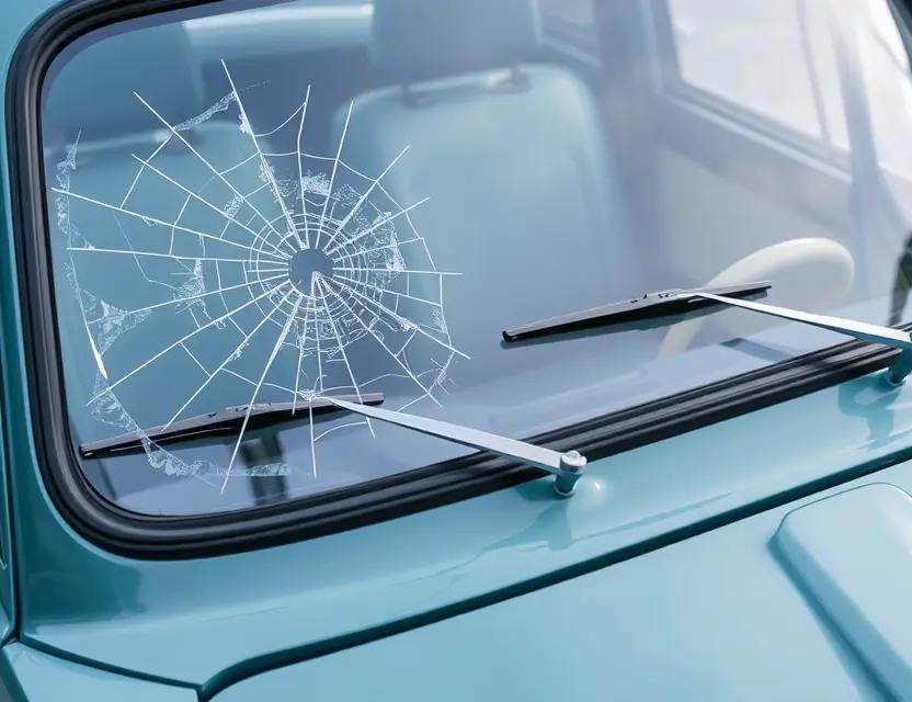 A close-up shot of an Autobianchi Primula with a replaced windshield. The old windshield should be visibly cracked and being removed, while the new windshield is clear and installed. The car should be parked on a clean, slightly reflective surface. Focus on the details of the windshield replacement process.