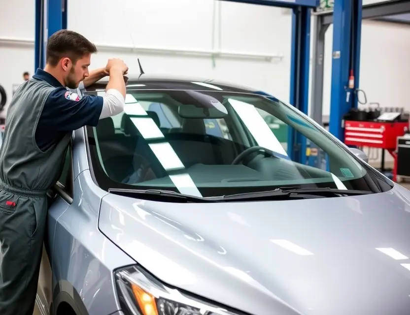 A car being serviced with a technician replacing the front windshield, clean workshop environment, modern tools visible, no text or labels