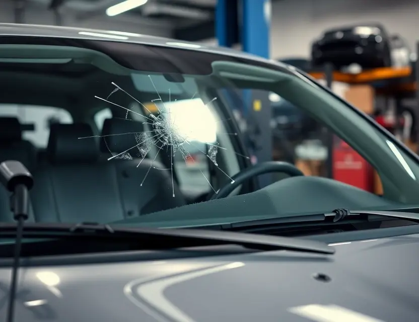 A Geo vehicle with a cracked windshield undergoing a replacement at an auto repair shop. The shop is clean and well-lit, with tools and parts visible. Focus on the windshield replacement process.