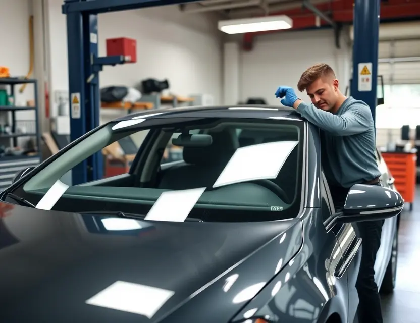 Замена лобового стекла Volkswagen Golf A Volkswagen Golf with a new windshield being installed by a professional mechanic in a well-lit auto repair shop, showing the replacement process with tools and safety equipment visible, no text or labels